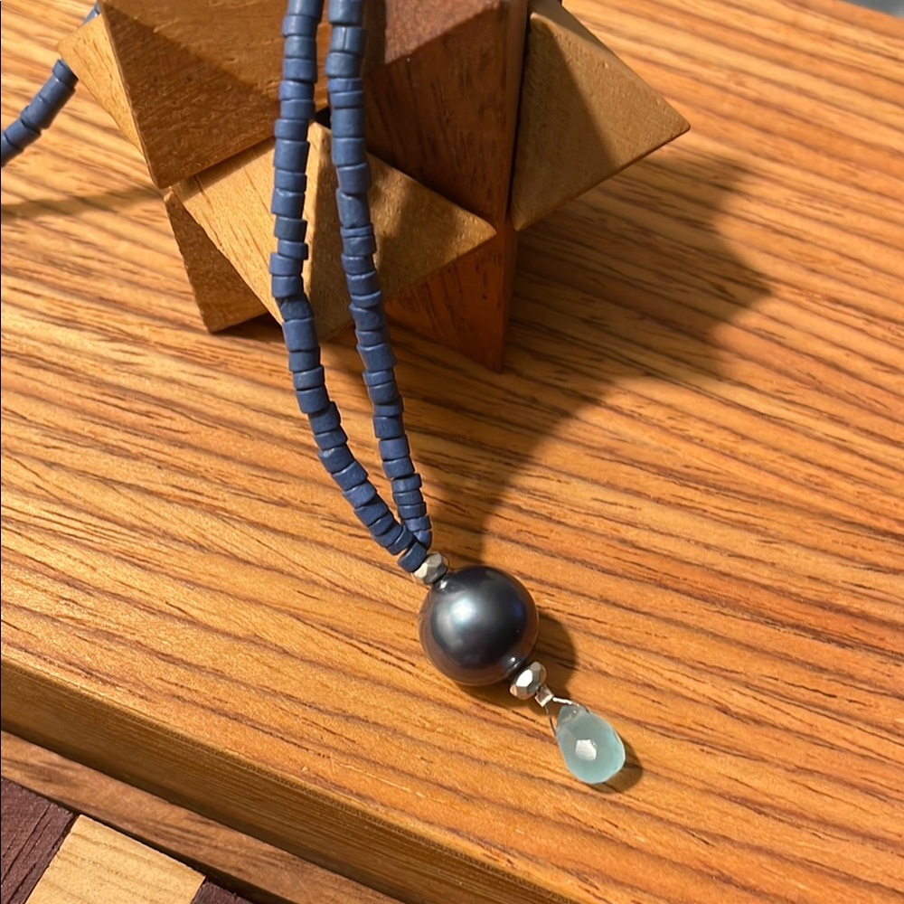 Blue Beaded Necklace with Faux Pearl and Glass Crystal Accent